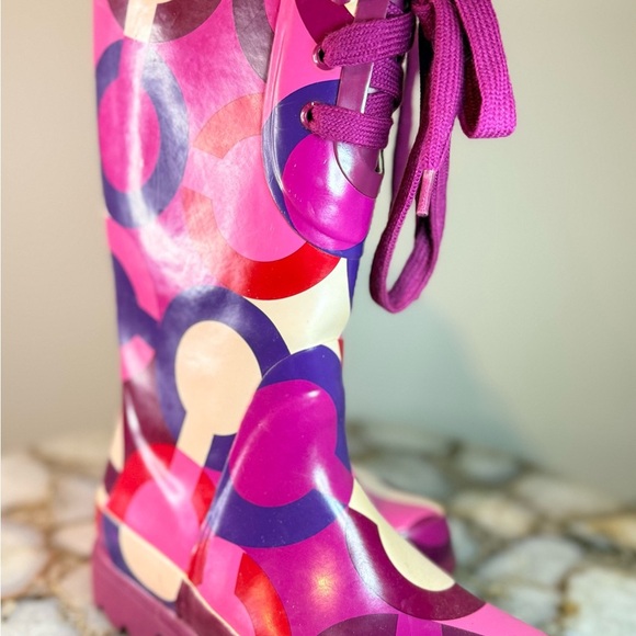 COACH Retro Logo Periwinkle Lace Up Rain Boots SIZE 6 - Picture 5 of 6